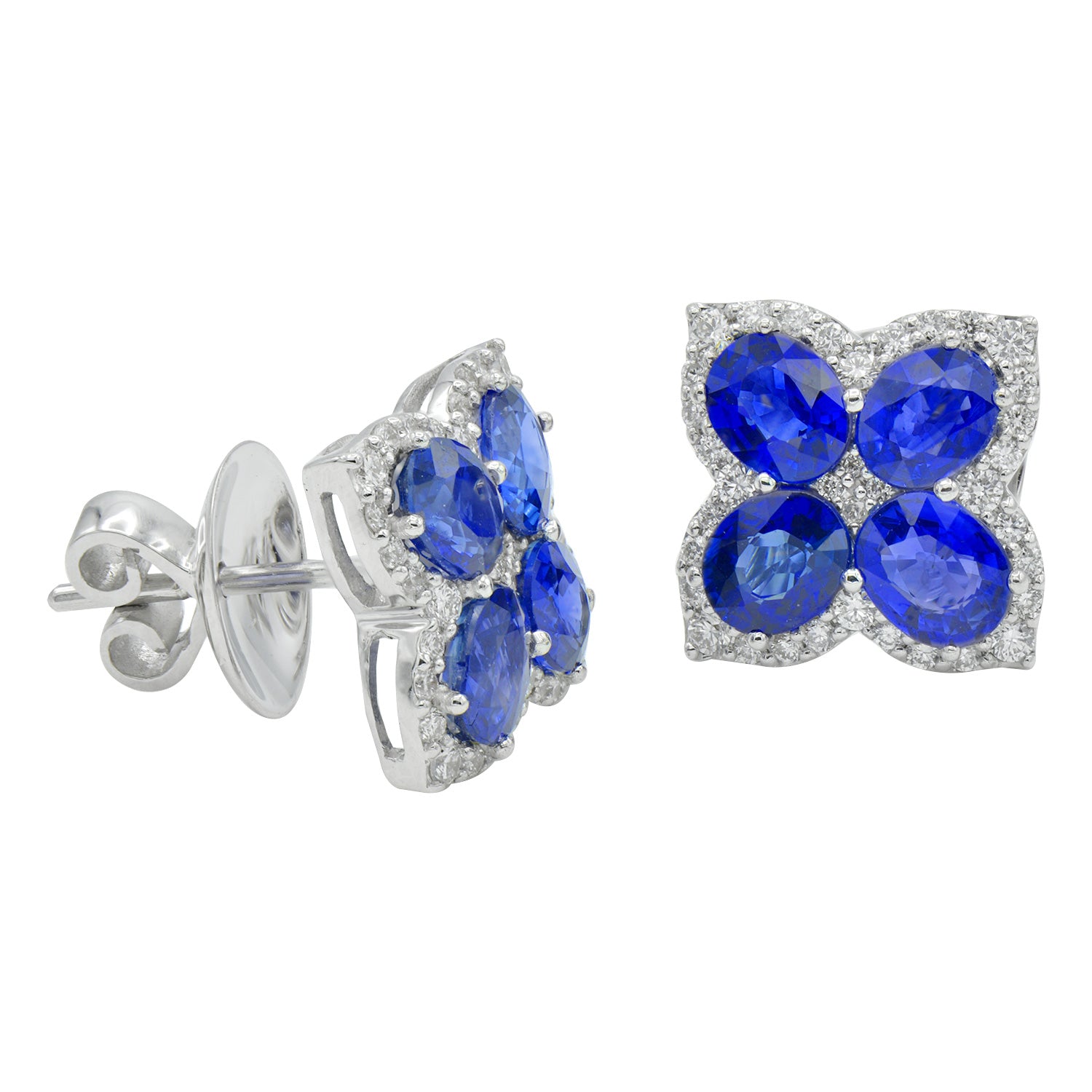 14K White Gold Sapphire and Diamond Oval Flower Earring, 3.5ct
