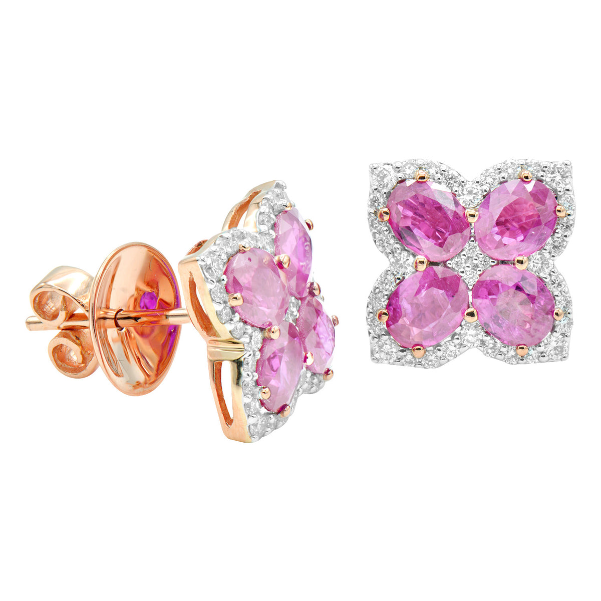 14K White Gold Pink Sapphire and Rose Gold Oval Flower Earring, 3.5ct