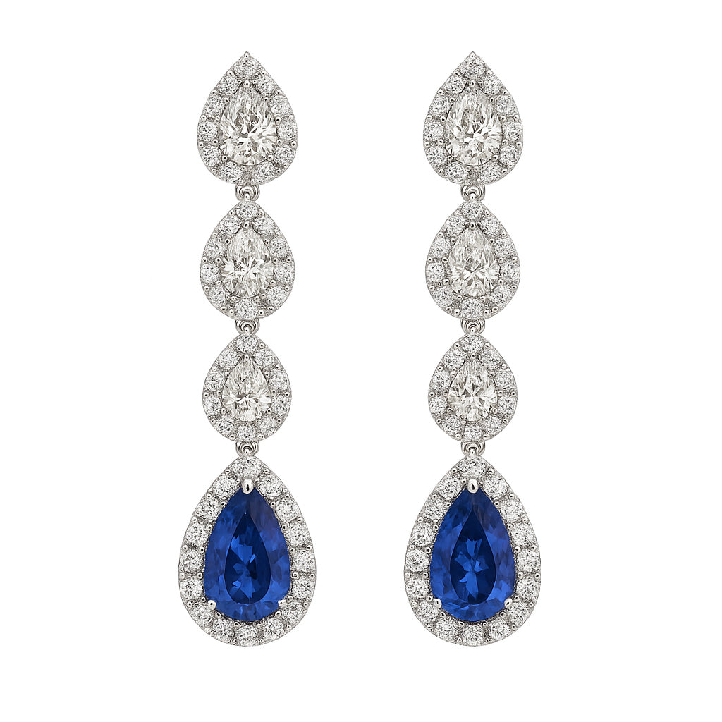Handmade 18K White Gold Blue Sapphire Earrings, 4.29ct