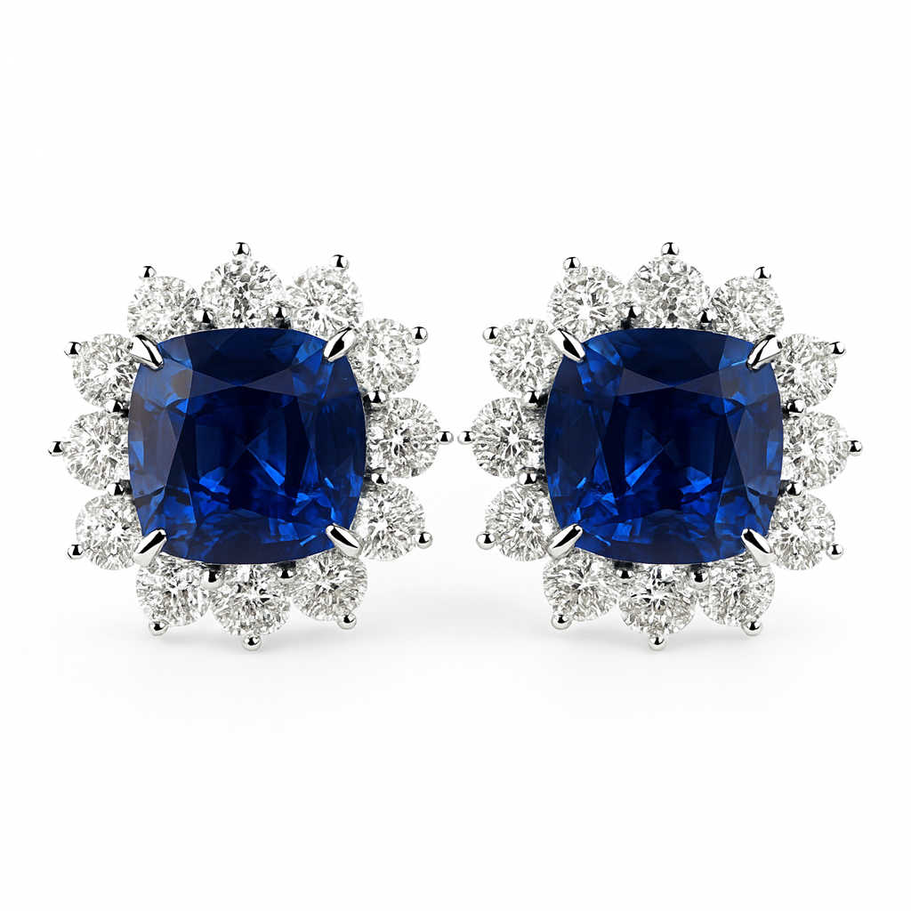 Handmade 18K White Gold Blue Sapphire Earrings, 6.81ct