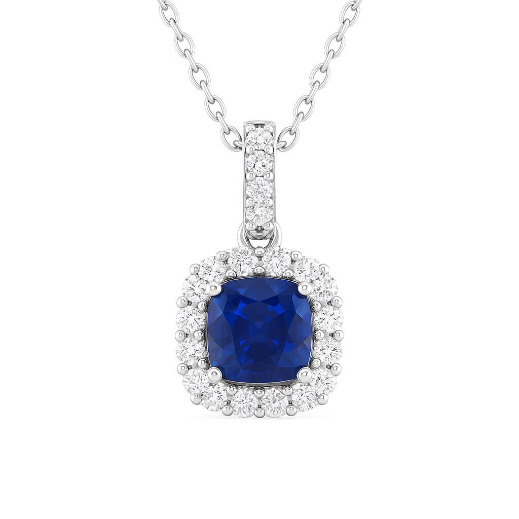 Handmade 18K White Gold Blue Sapphire Diamond Pendant, 1.54ct