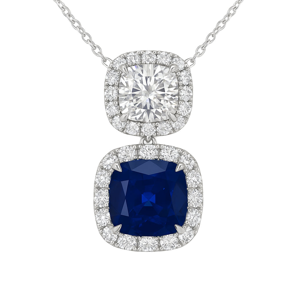 Handmade 18K White Gold Blue Sapphire Diamond Pendant, 3.13ct