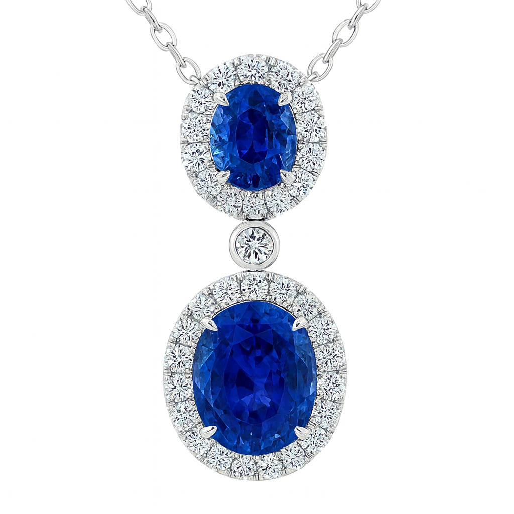 Handmade 18K White Gold Blue Sapphire Diamond Pendant, 3.08ct