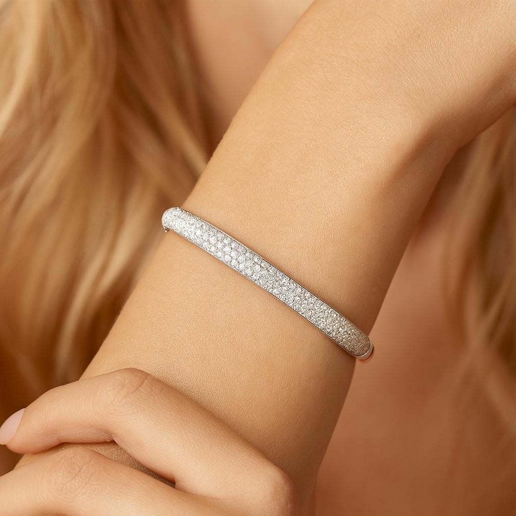 14K White Gold Three Row Diamond Bangle, 2ct