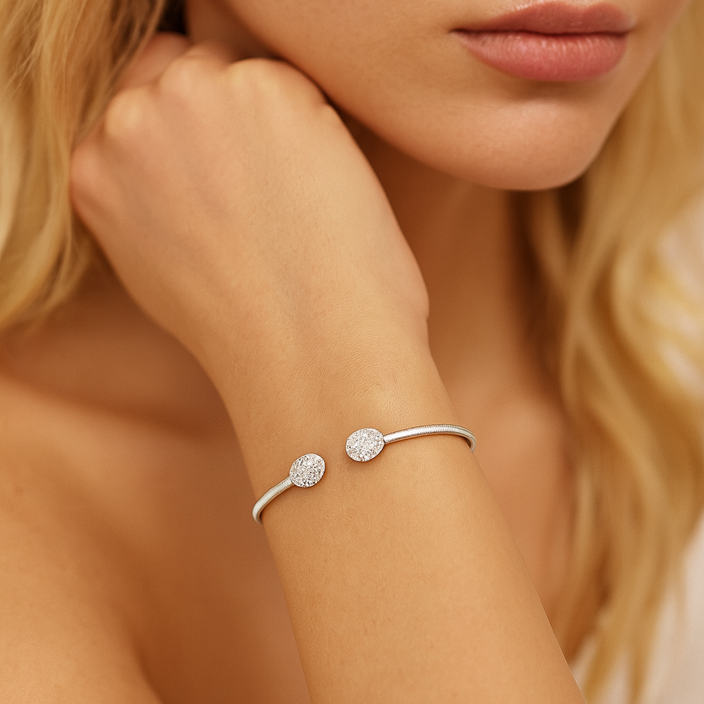 14K White Gold Diamond Oval Cluster Bangle, 0.6ct