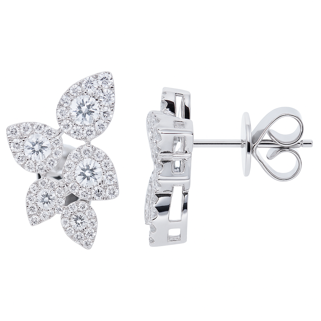 14K White Gold Five Leaf Diamond Studs, 1.17ct