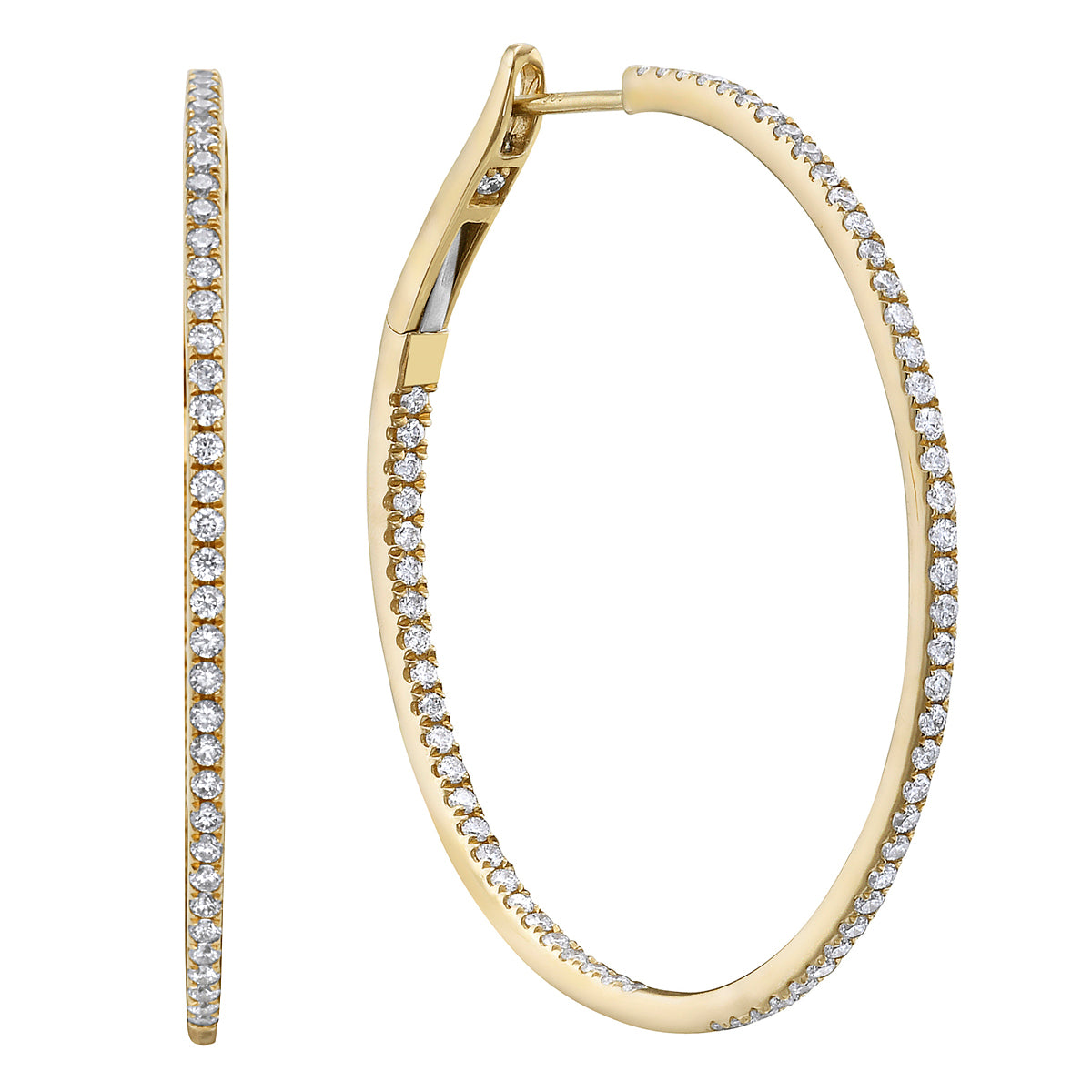 14K Yellow Gold Inside and Out Diamond Hoop Earrings, 1.5 Inch, 0.99ct