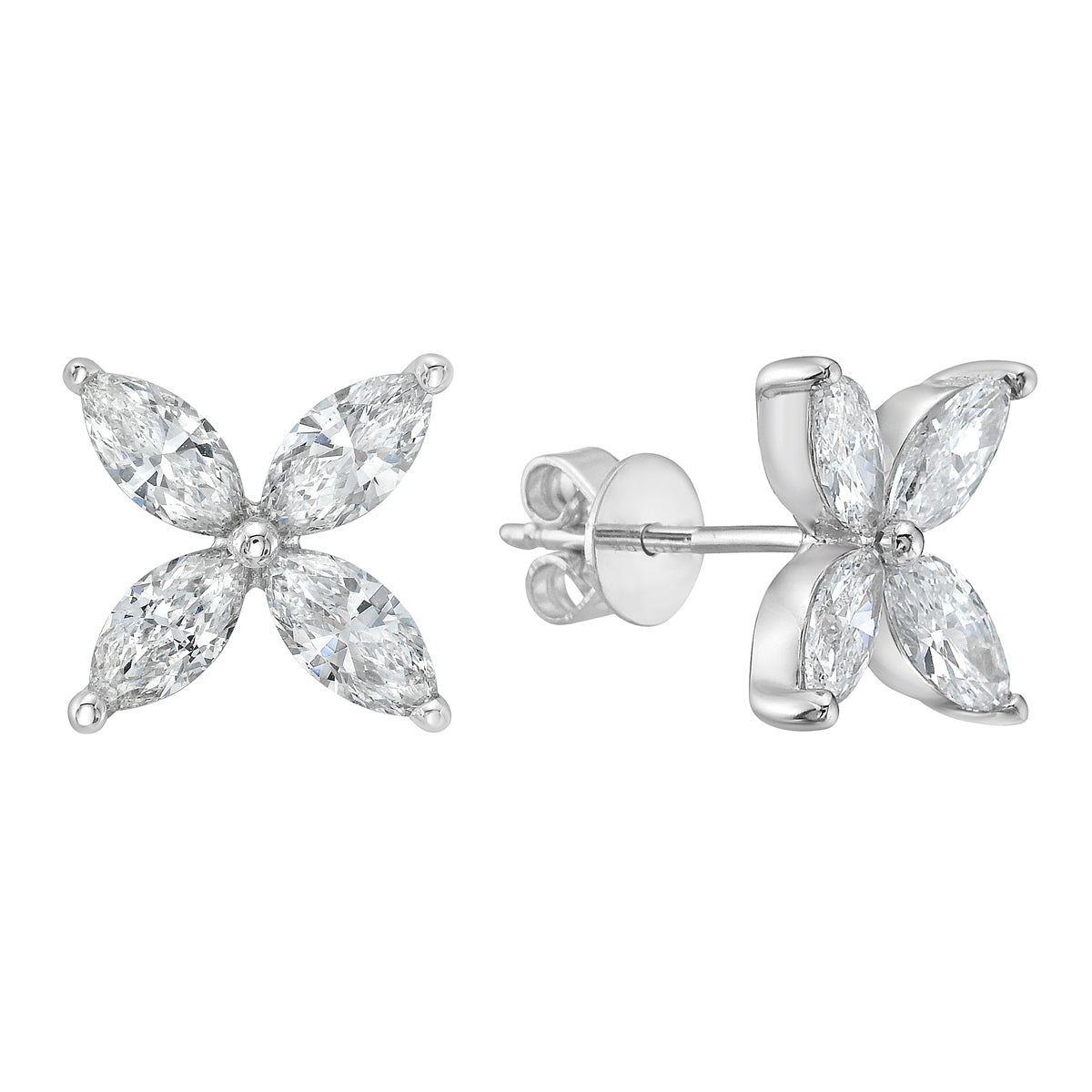 Four White Gold Marquise Diamond Flower Studs