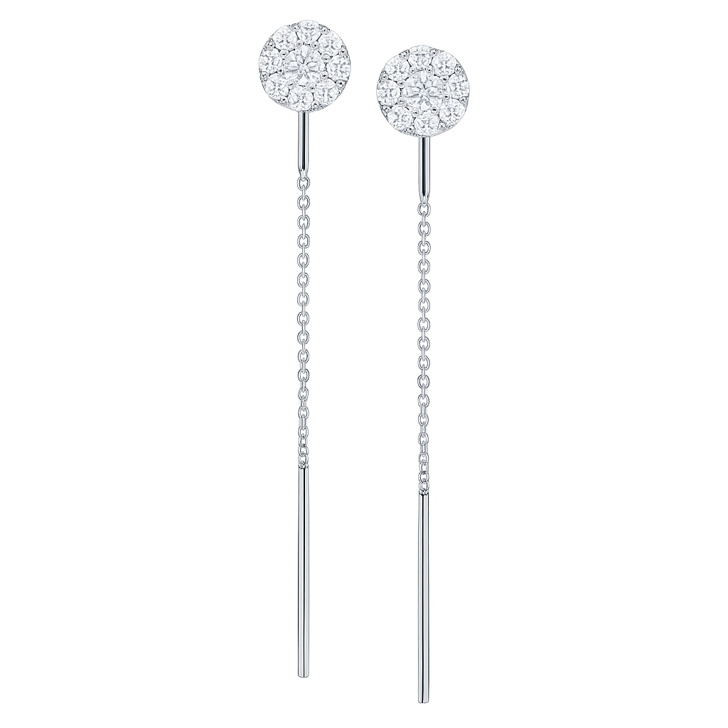 14K White Gold Round Cluster Threader, 0.76ct