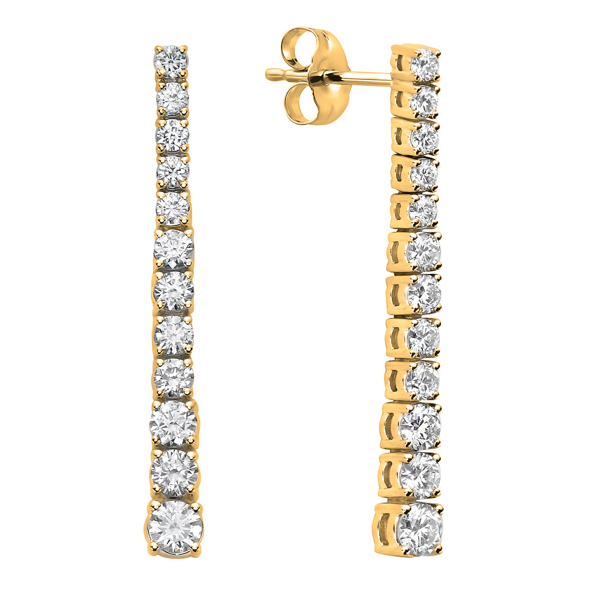 2.1CT Yellow Gold Single Row Drop Diamond Earrings