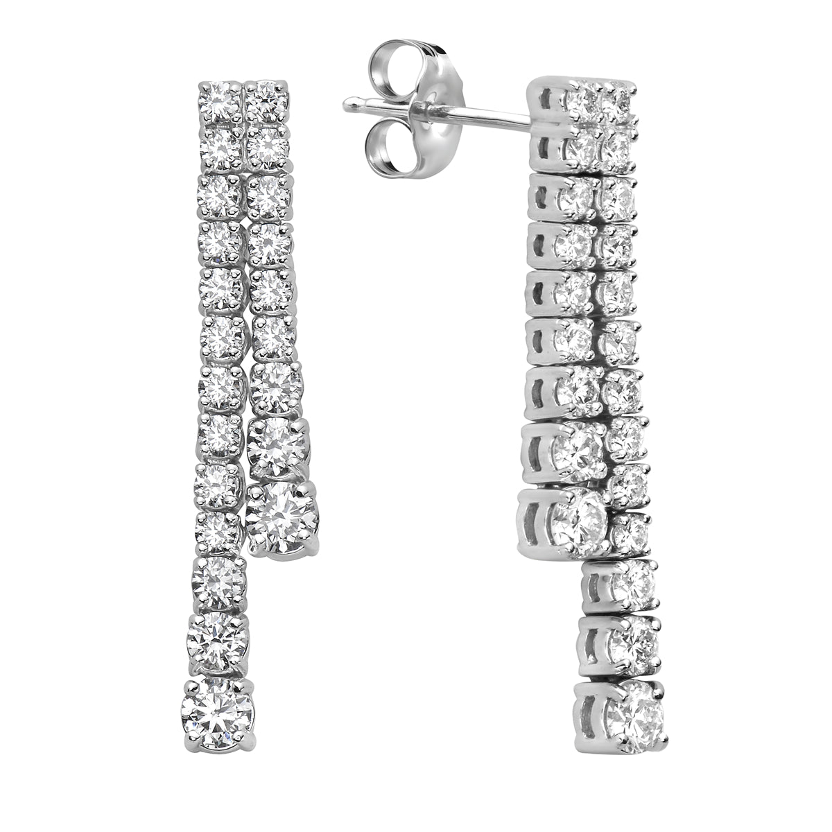 14K White Gold Double Row Drop Diamond Earrings, 3.83ct
