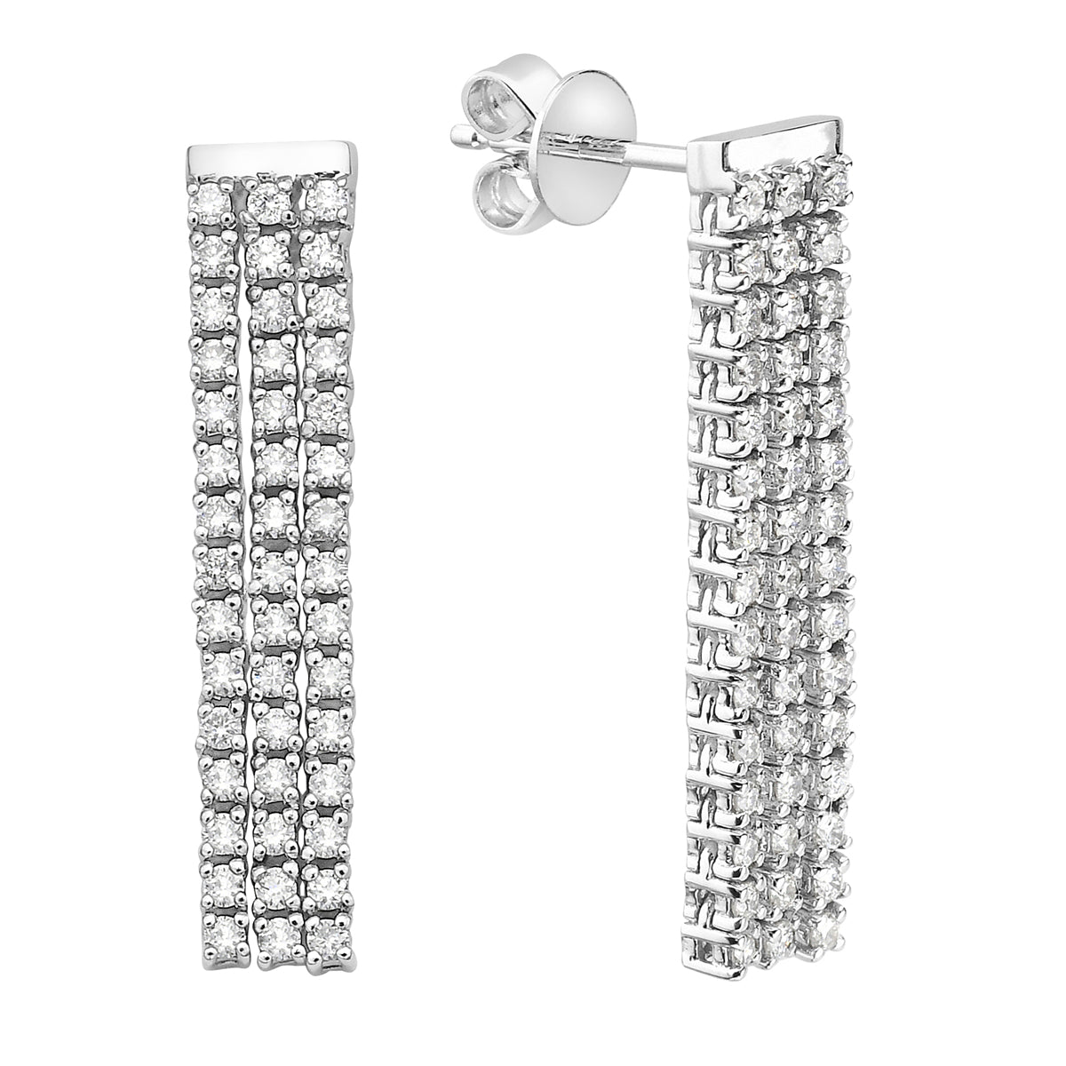 14K White Gold Tripple Row Dangle Diamond Earrings