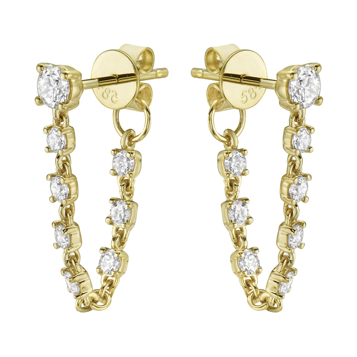 Yellow Gold Chain Hoop Dangle Diamond Earrings