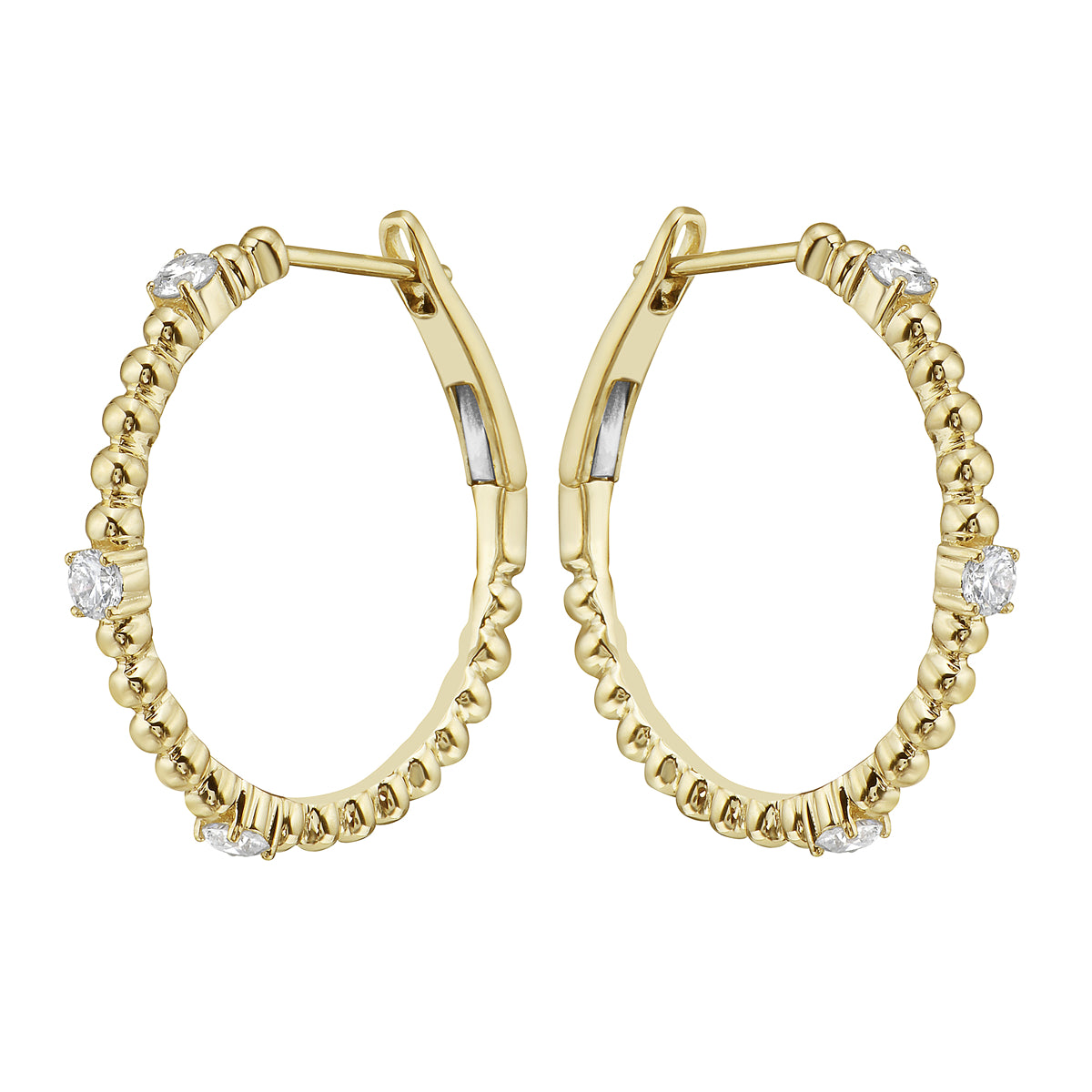 Yellow Gold Bead Ball Diamond Hoop Earrings