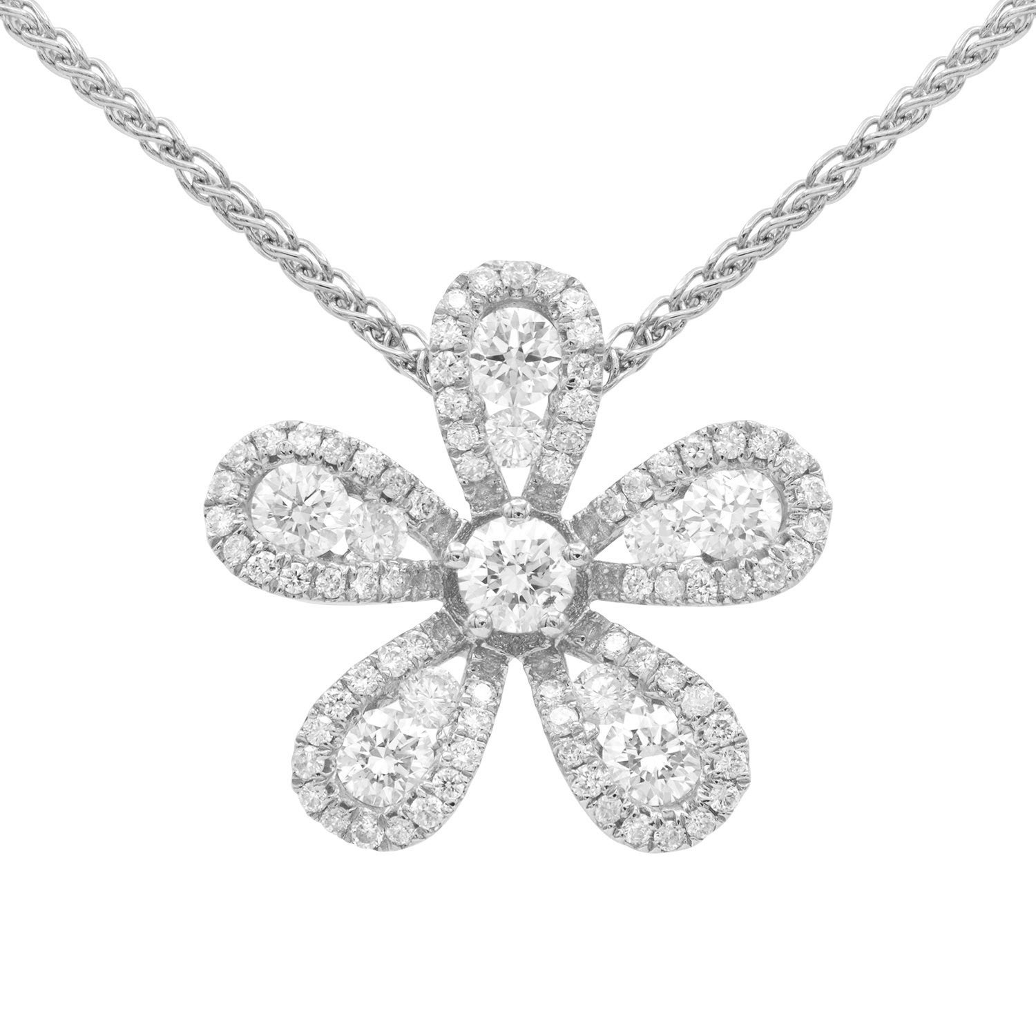 White Gold Five Petal Flower Diamond Pendant