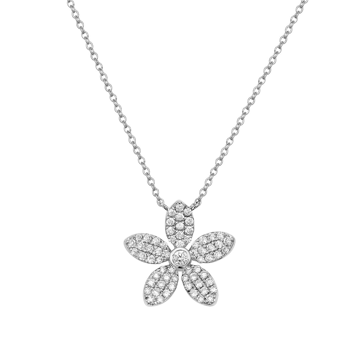 14K White Gold Five Petal Diamond Flower Pendant