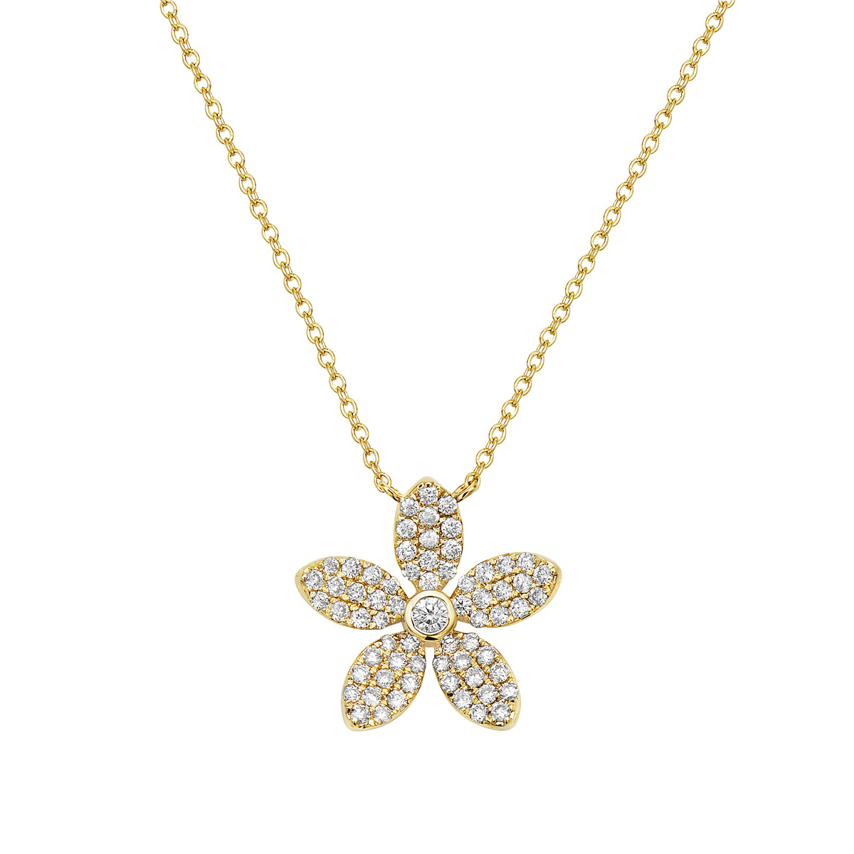 14K Yellow Gold Five Petal Diamond Flower Pendant