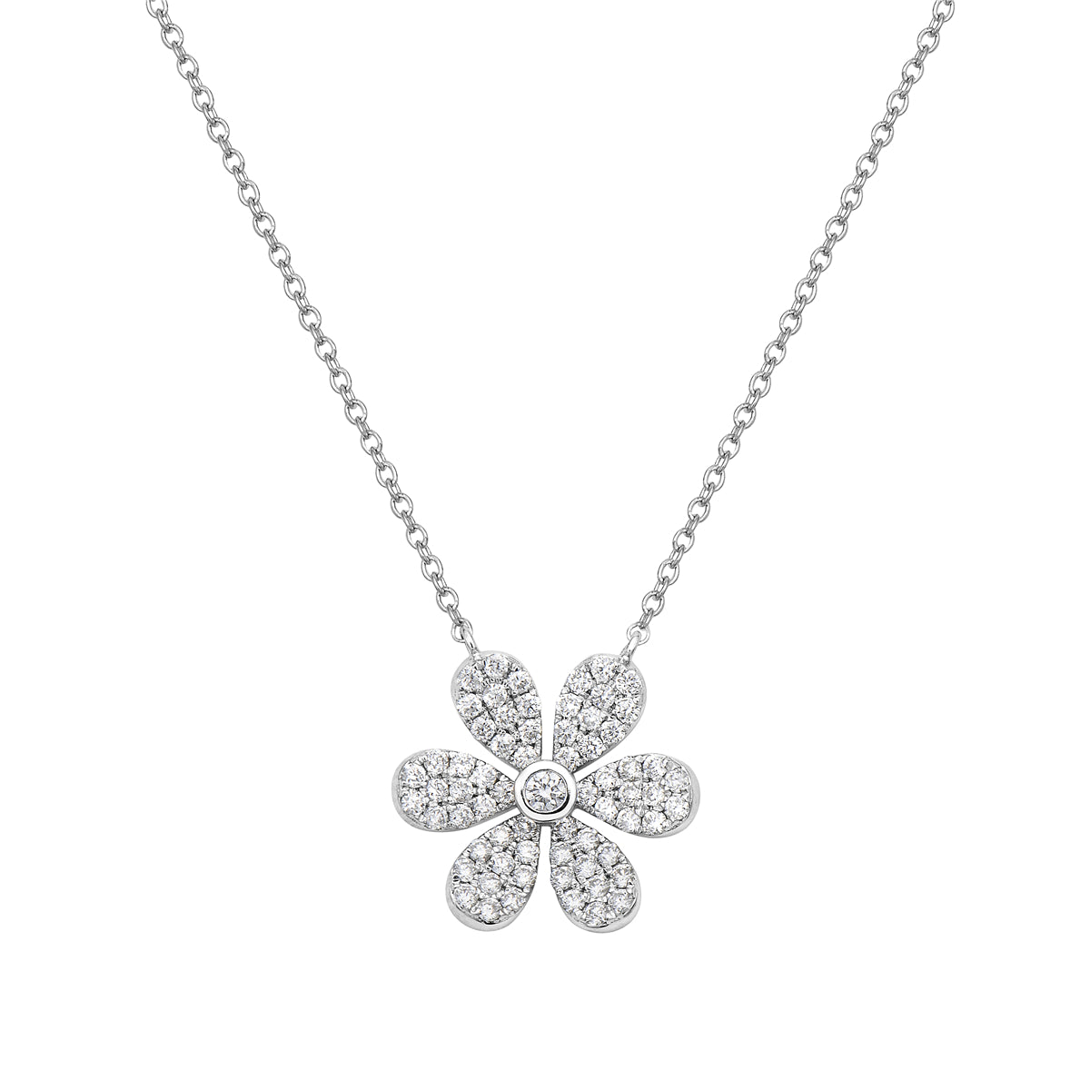 14K White Gold Six Petal Diamond Flower Pendant