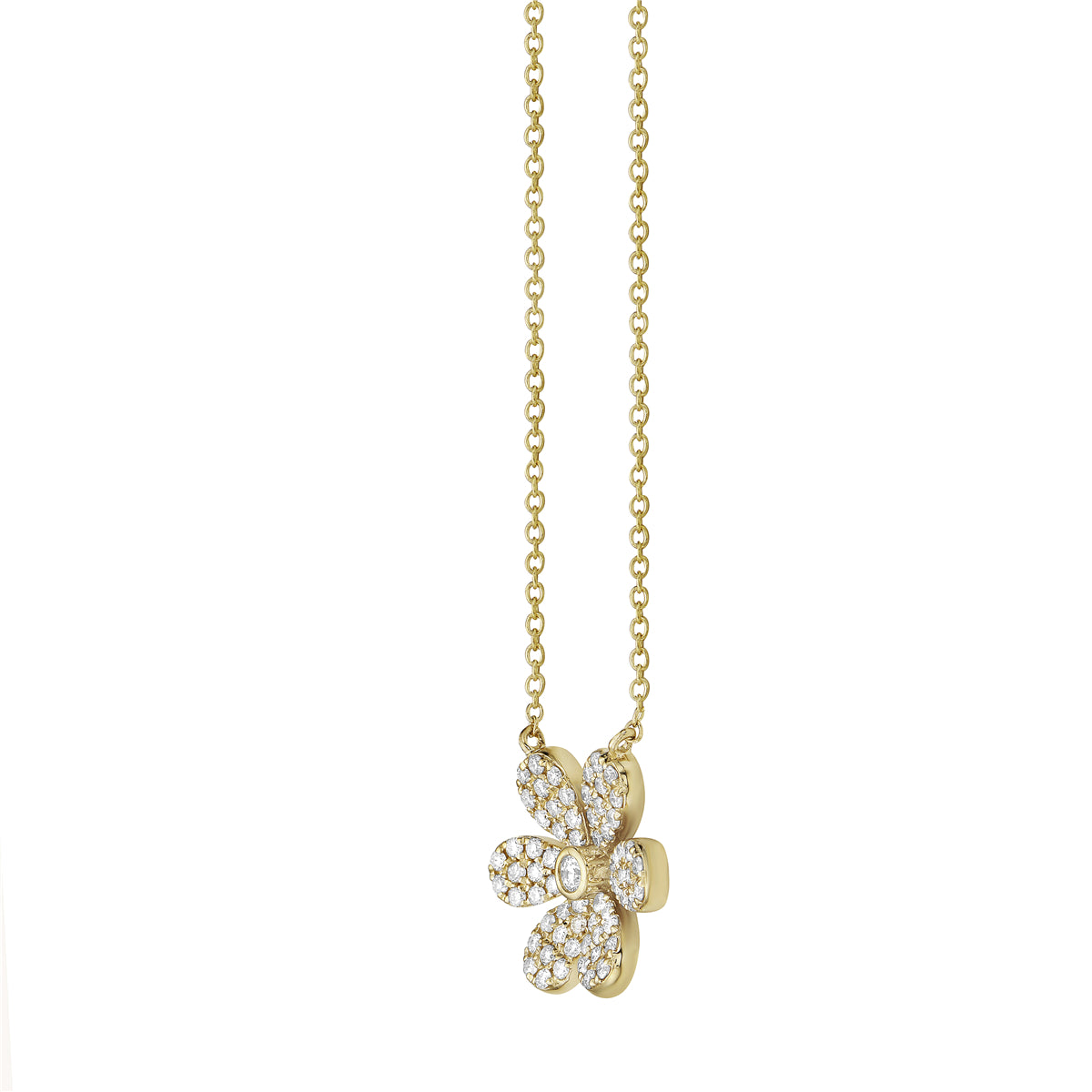 14K Yellow Gold Six Petal Diamond Flower Pendant