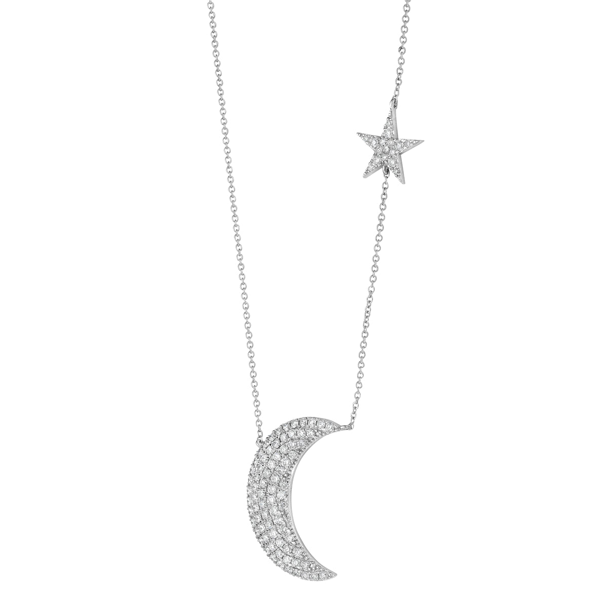 14K White Gold Diamond Moon and Star Pendant