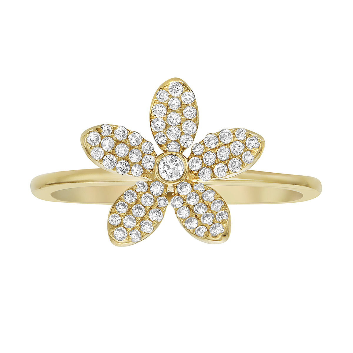 14K Yellow Gold Five Petal Diamond Flower Ring