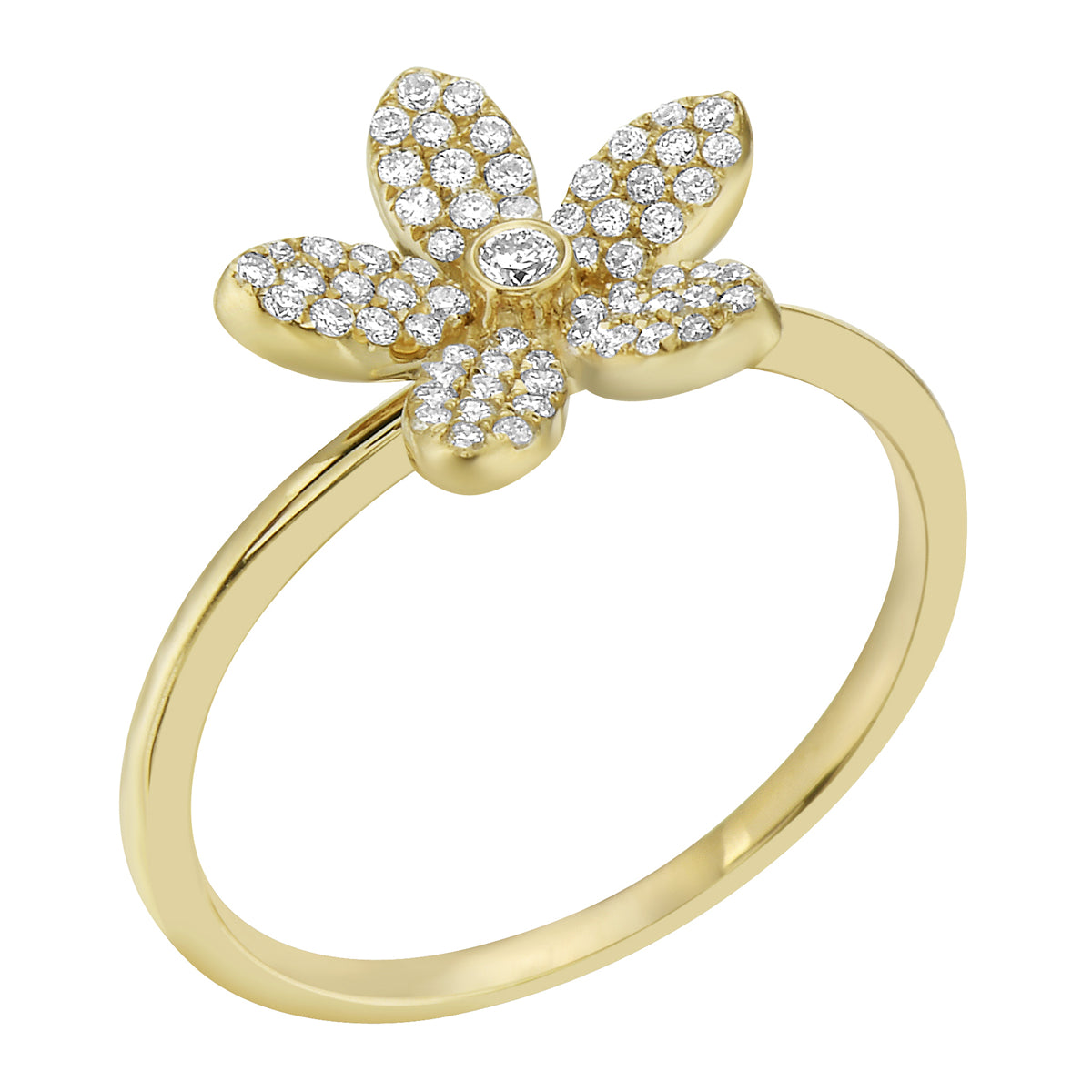 14K Yellow Gold Five Petal Diamond Flower Ring