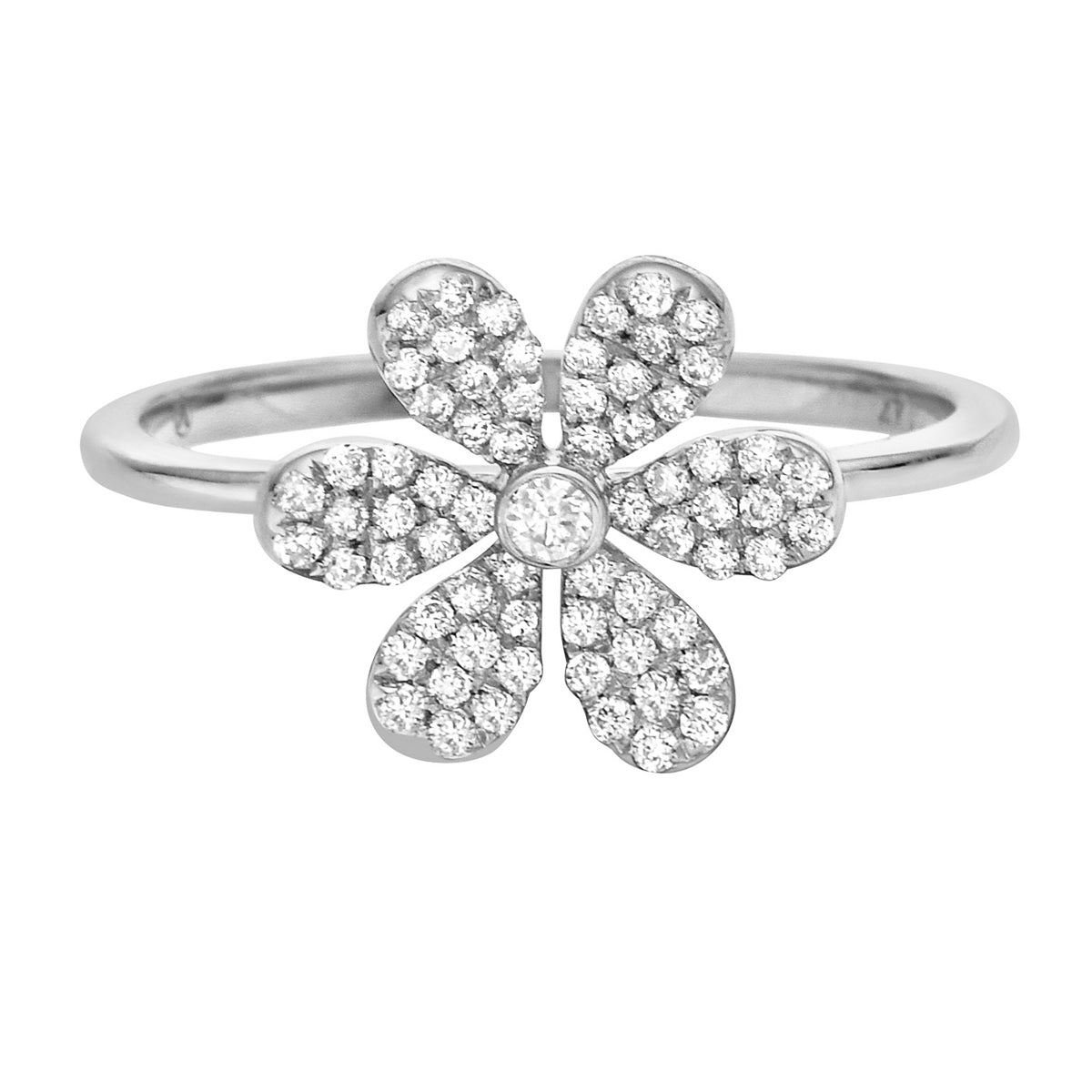 14K White Gold Six Petal Diamond Flower Ring