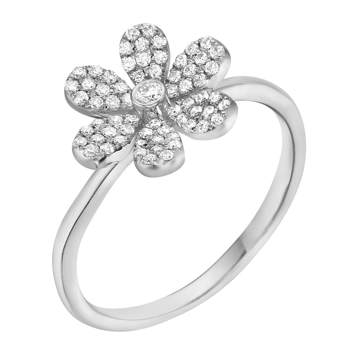 14K White Gold Six Petal Diamond Flower Ring
