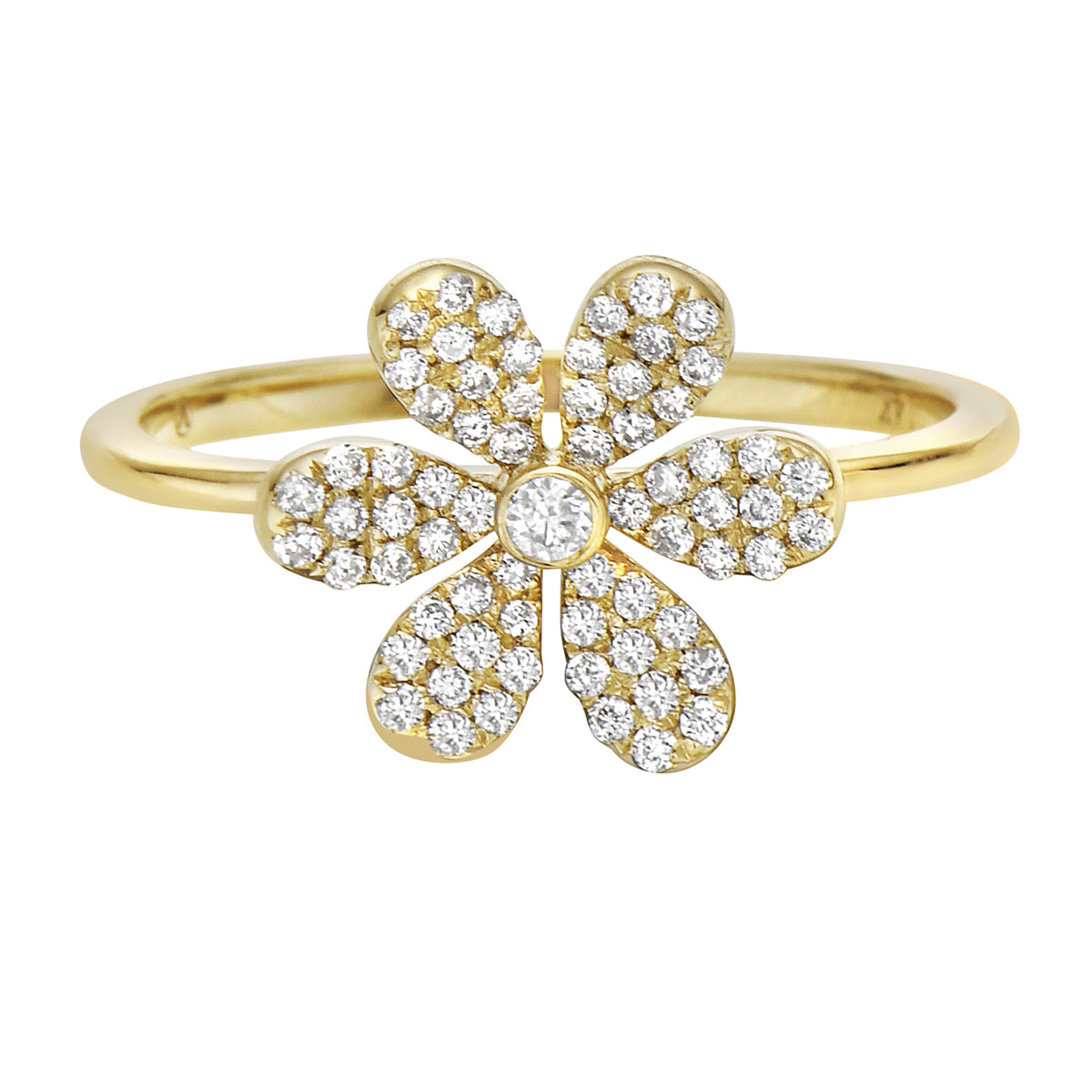 14K Yellow Gold Six Petal Diamond Flower Ring