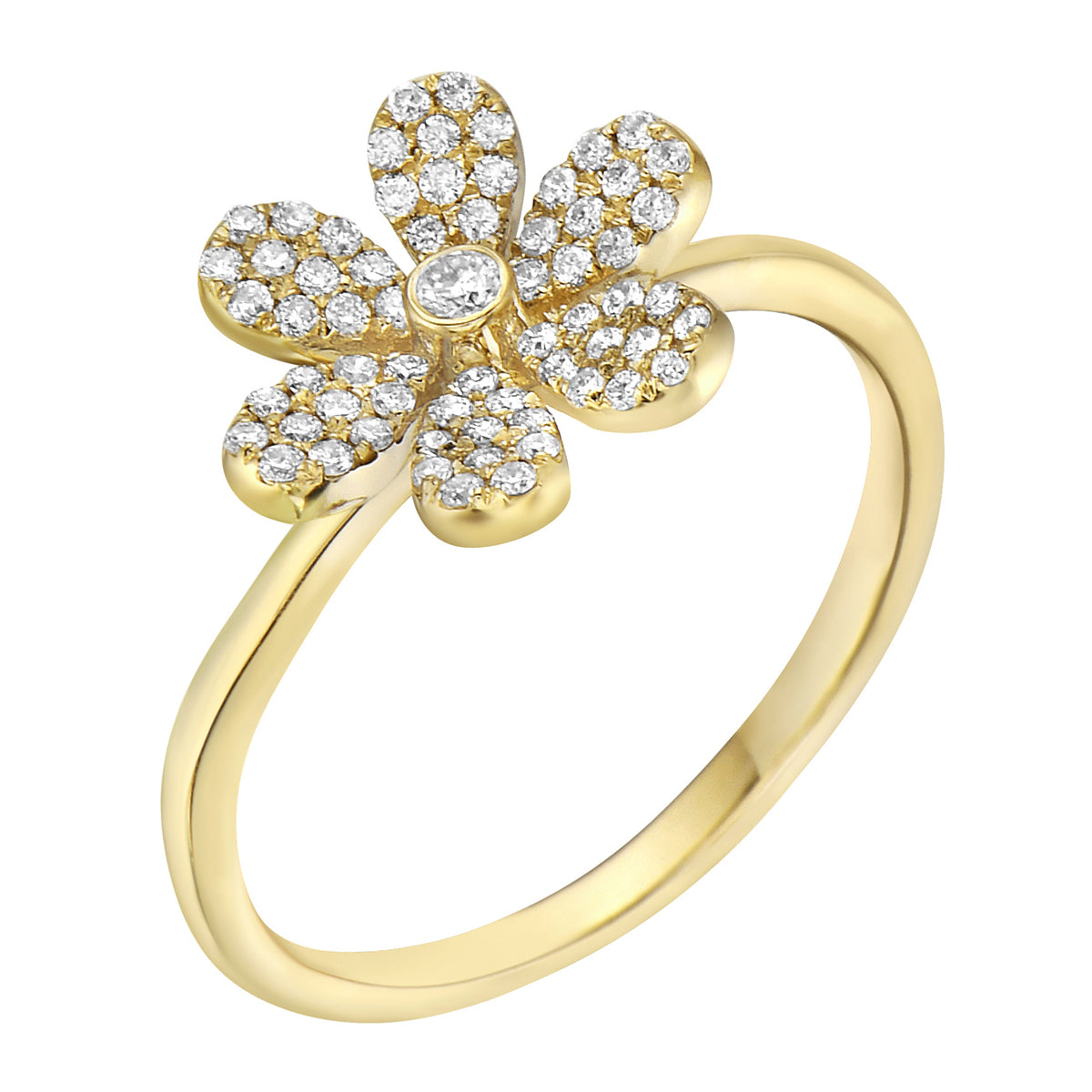 14K Yellow Gold Six Petal Diamond Flower Ring