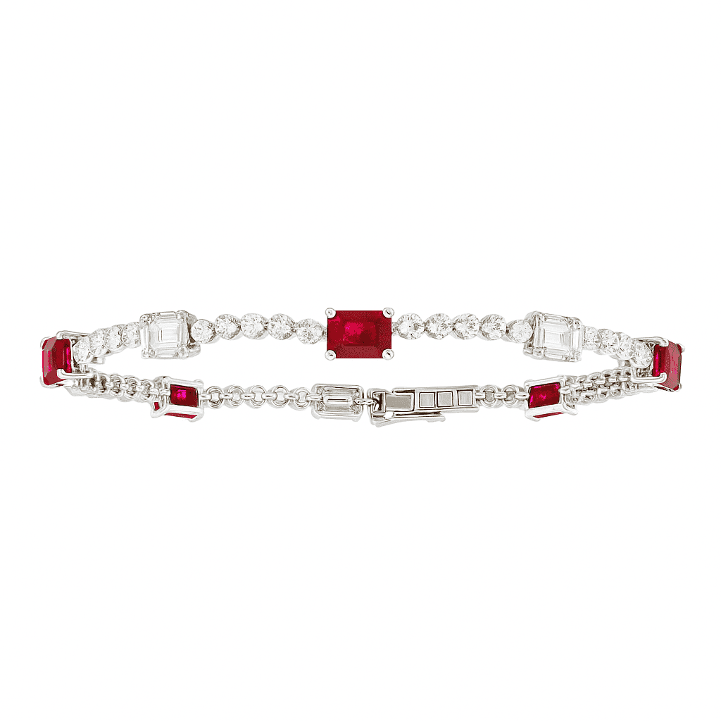 14K White Gold Emerald Cut Rubys with Illusion Emeralds Tennis Bracelet, 2.61ct