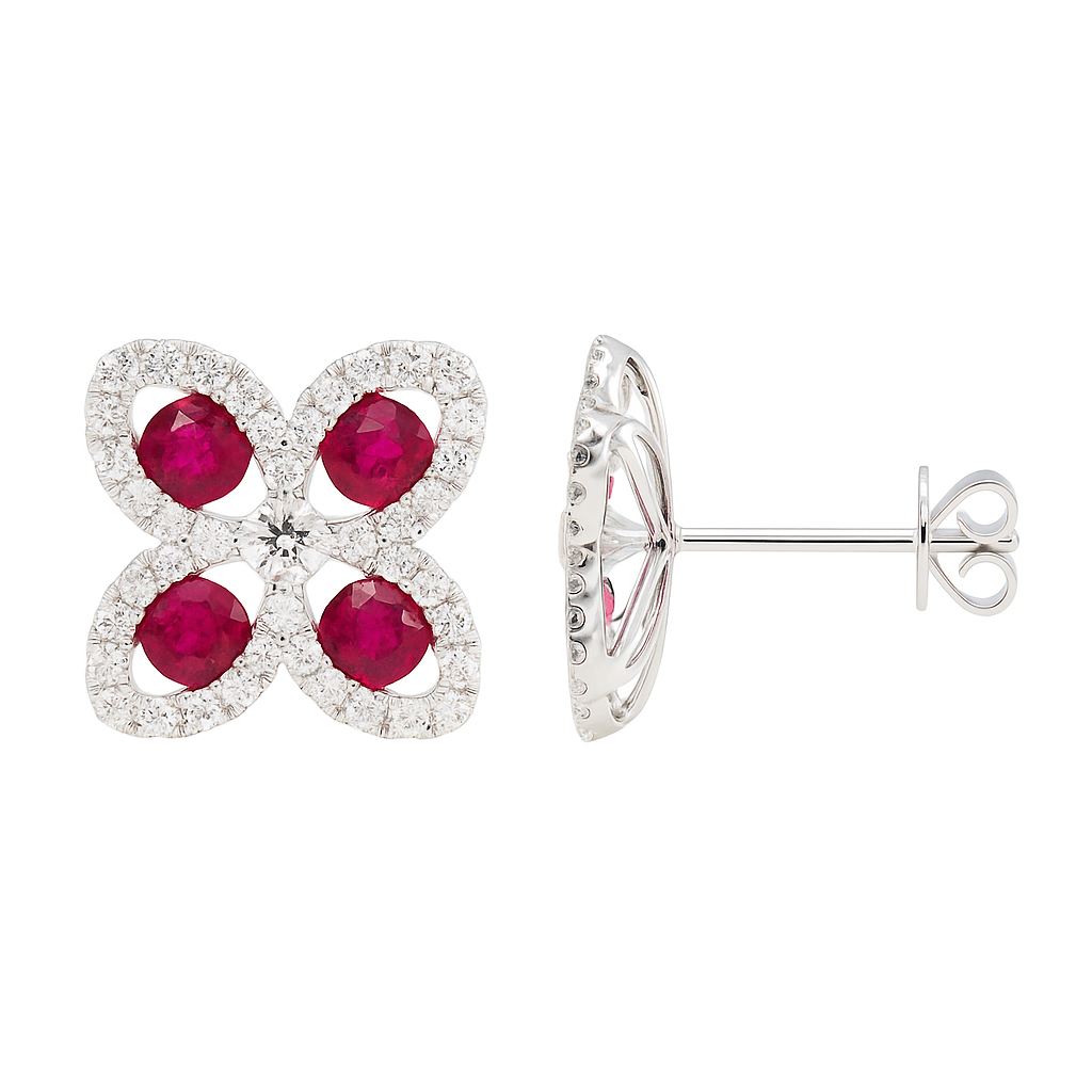 14K White Gold Ruby and Diamond Flower Stud, 1.3ct
