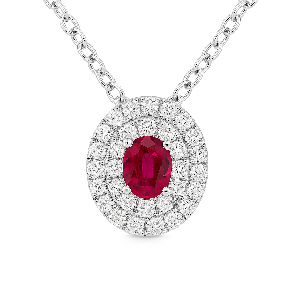 14K White Gold Double Halo Ruby Pendant, 0.39ct