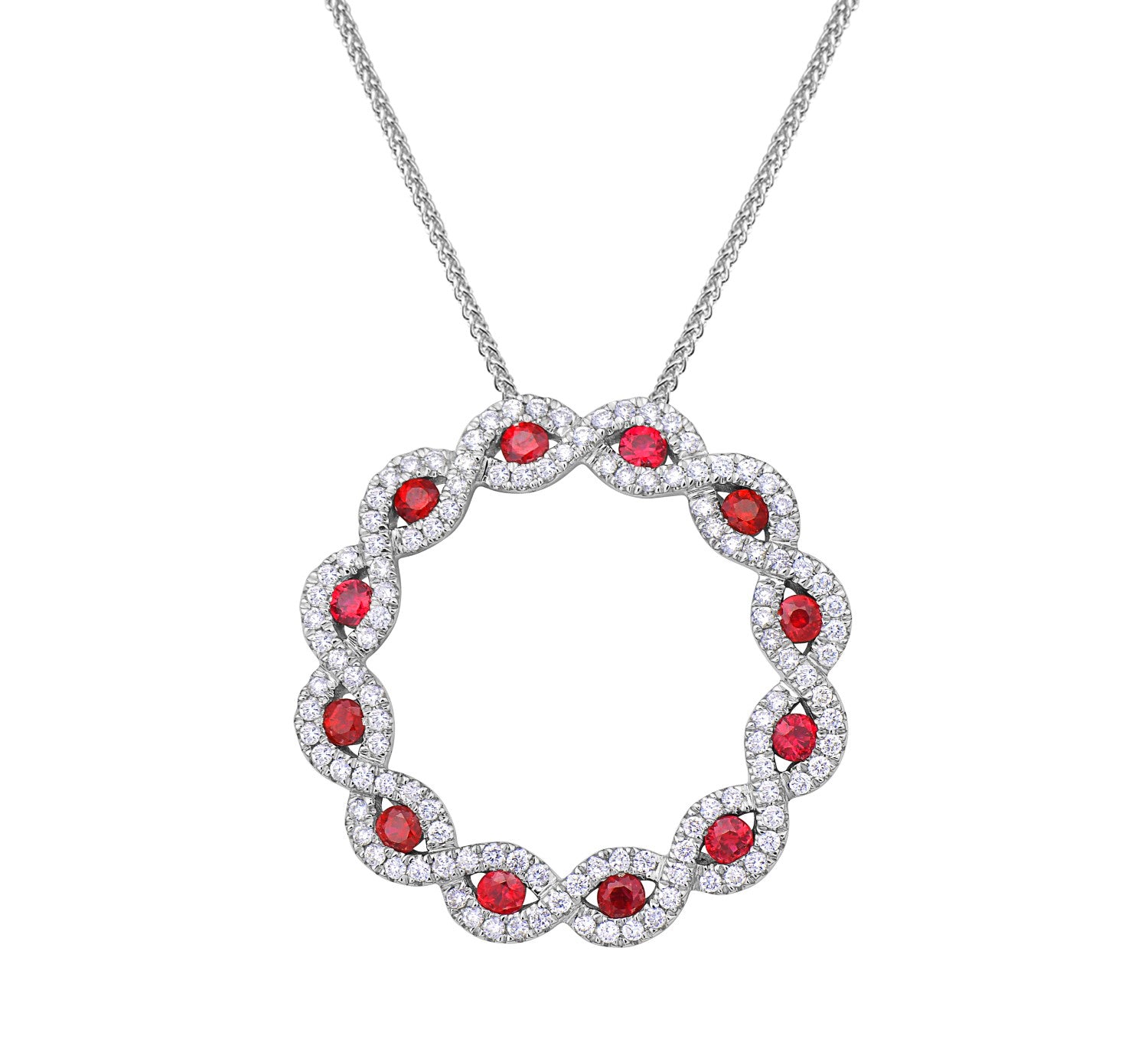14K White Gold Ruby and Diamond Circle Wave Pendant, 0.49ct