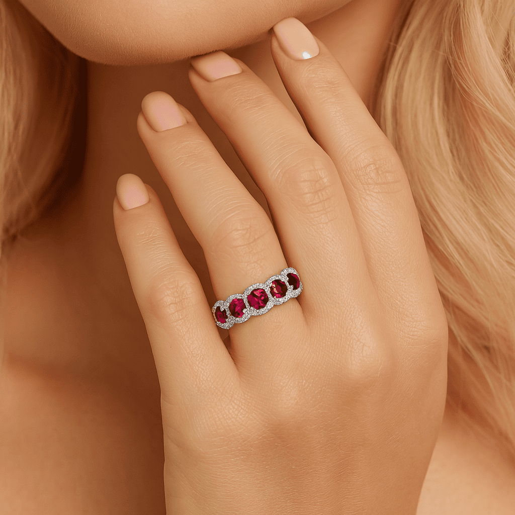 14K White Gold Ruby and Diamond Halo Band, 0.9ct