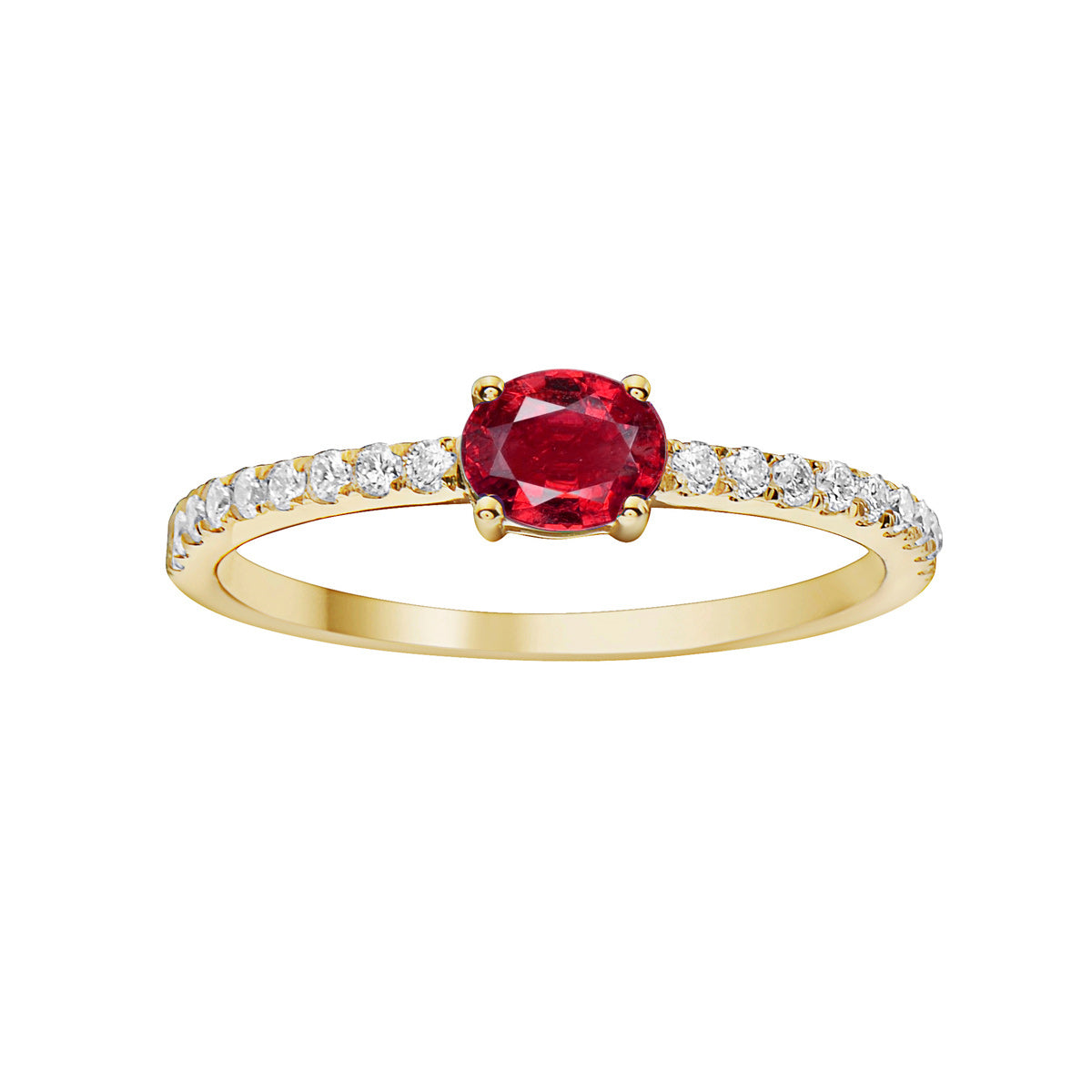 14K Yellow Gold Ruby Solitaire Ring in Diamond Band