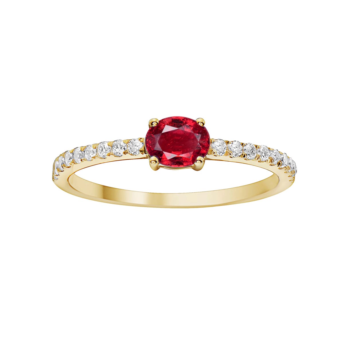 14K Yellow Gold Ruby Solitaire Ring in Diamond Band, 0.43ct