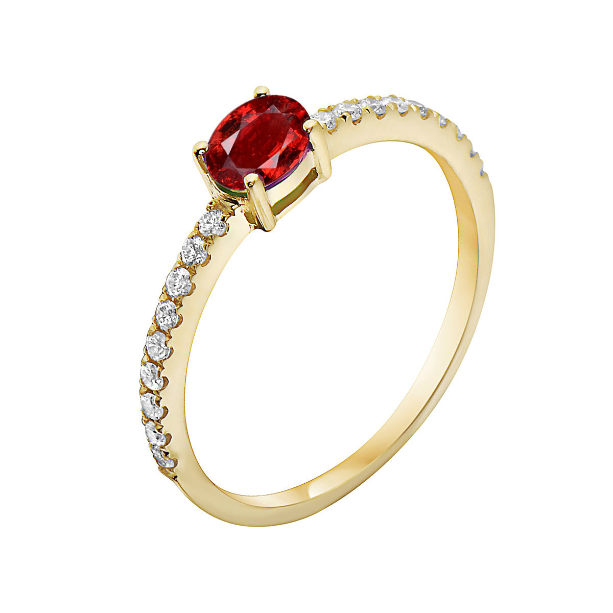 14K Yellow Gold Ruby Solitaire Ring in Diamond Band