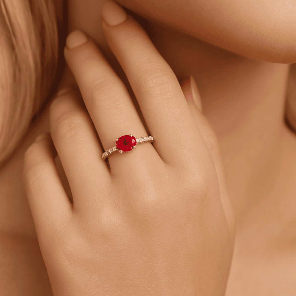 14K White Gold Ruby Solitaire Ring in Diamond Band, 0.27ct