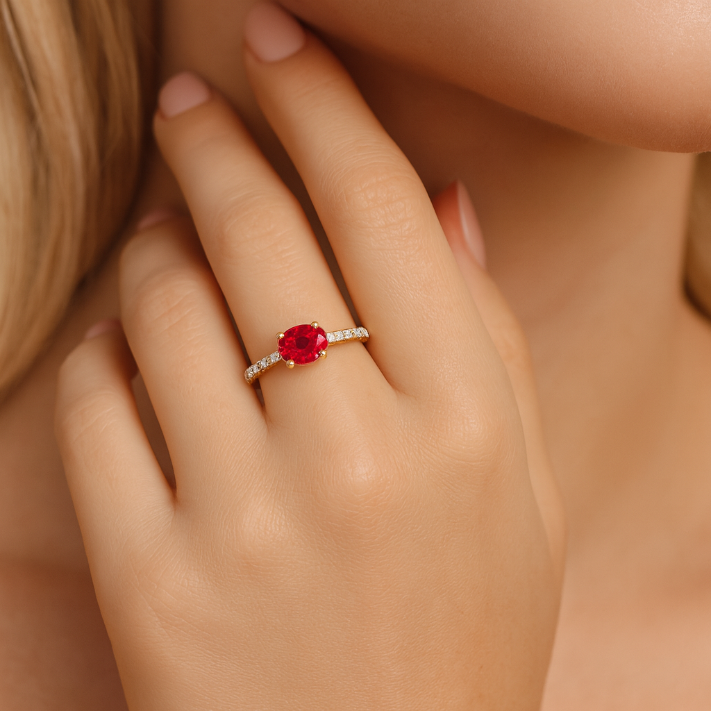 14K Yellow Gold Ruby Solitaire Ring in Diamond Band, 0.43ct