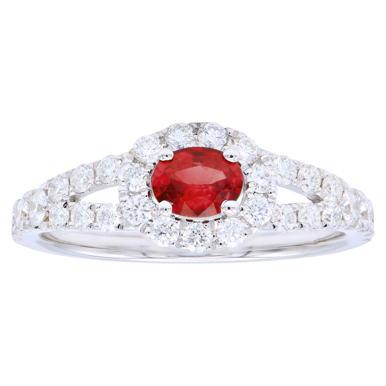 Ruby Split Shank Halo Diamond Ring