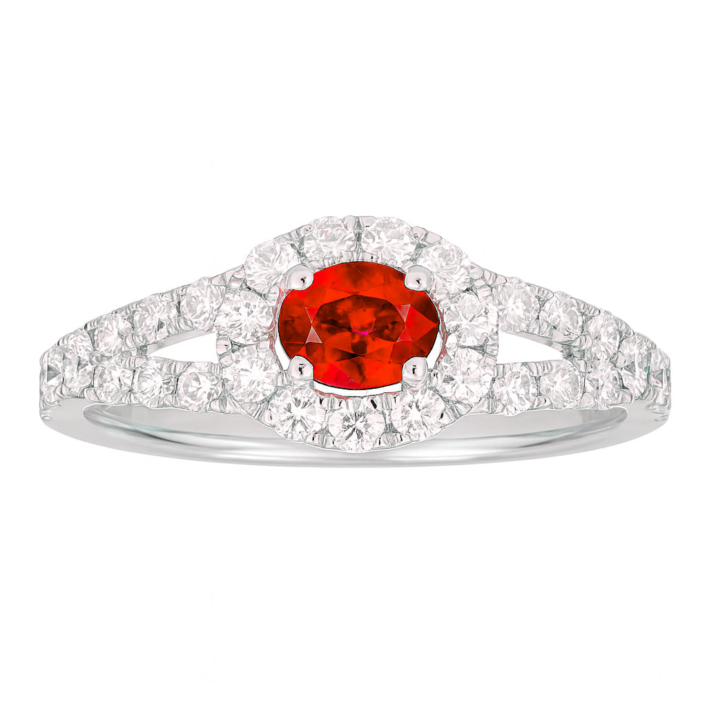 14K White Gold Ruby Split Shank Halo Diamond Ring, 0.38ct