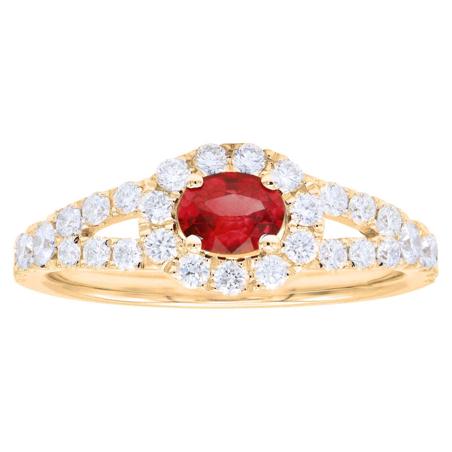 Yellow Gold Ruby Split Shank Halo Diamond Ring