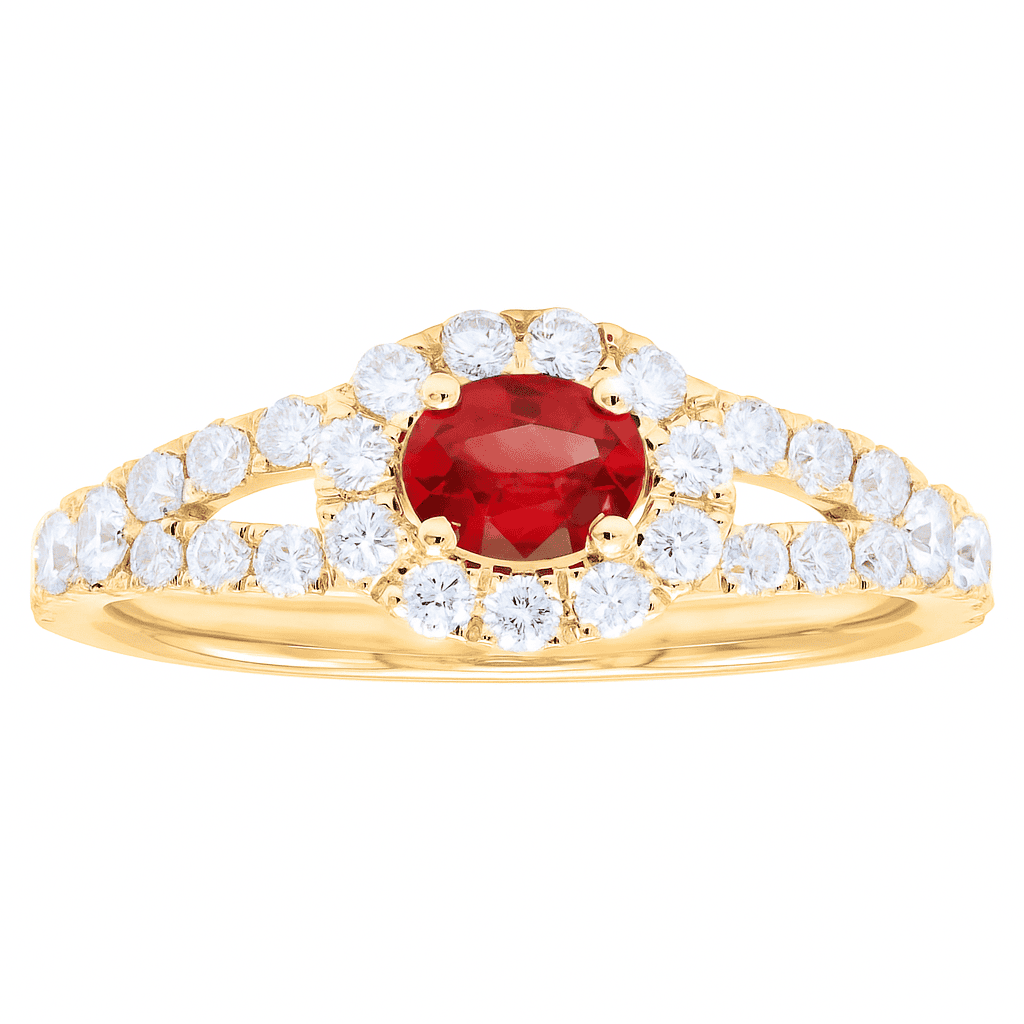 14K Yellow Gold Ruby Split Shank Halo Diamond Ring, 0.38ct