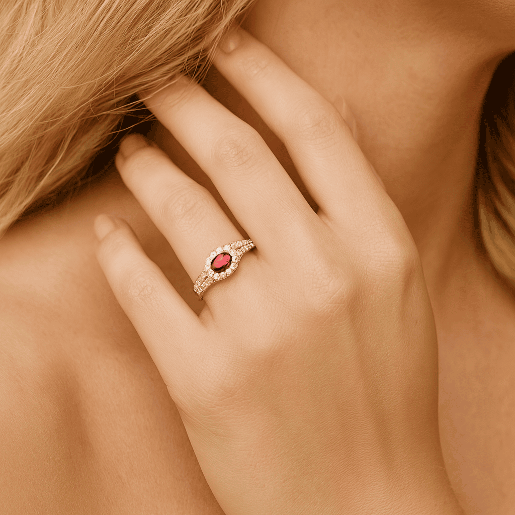 14K Yellow Gold Ruby Split Shank Halo Diamond Ring, 0.38ct