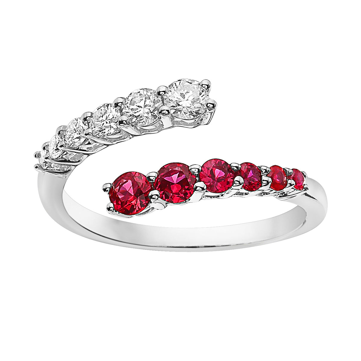 14K White Gold Ruby and Diamond Graduated Bypass Ring