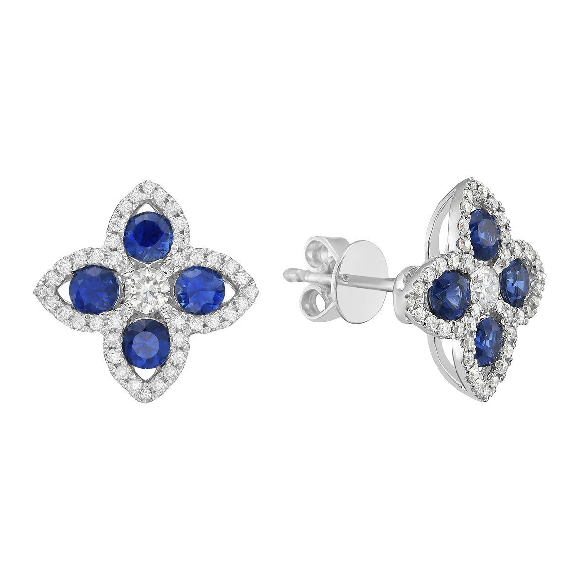 14K White Gold Sapphire and Diamond Flower Earrings