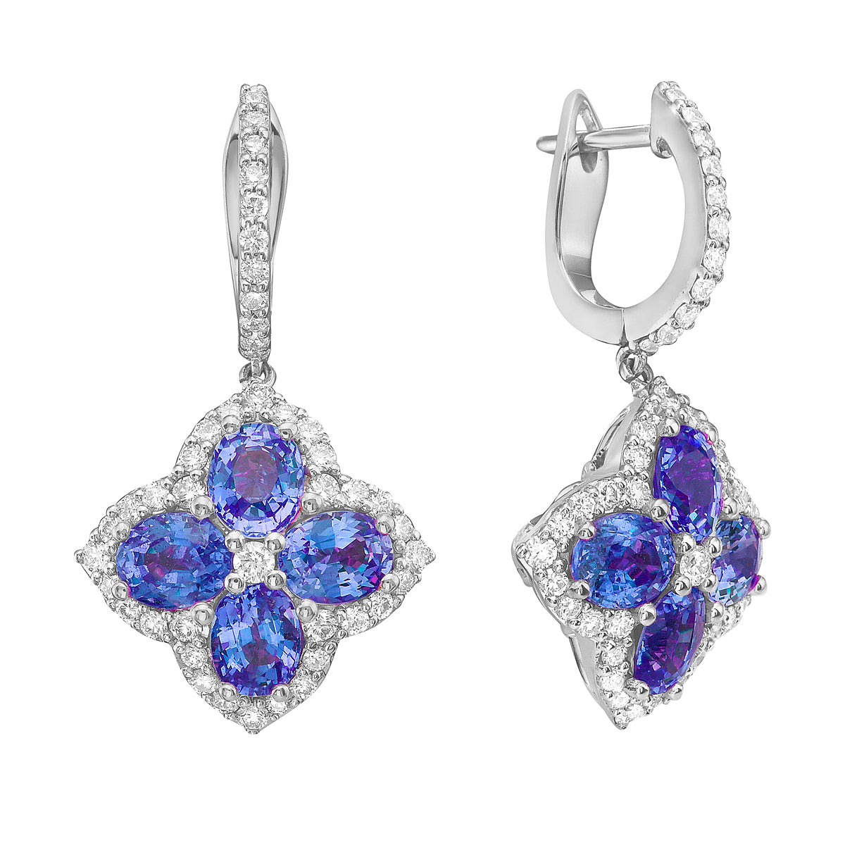 14K White Gold Diamond Clover and Sapphire Earrings