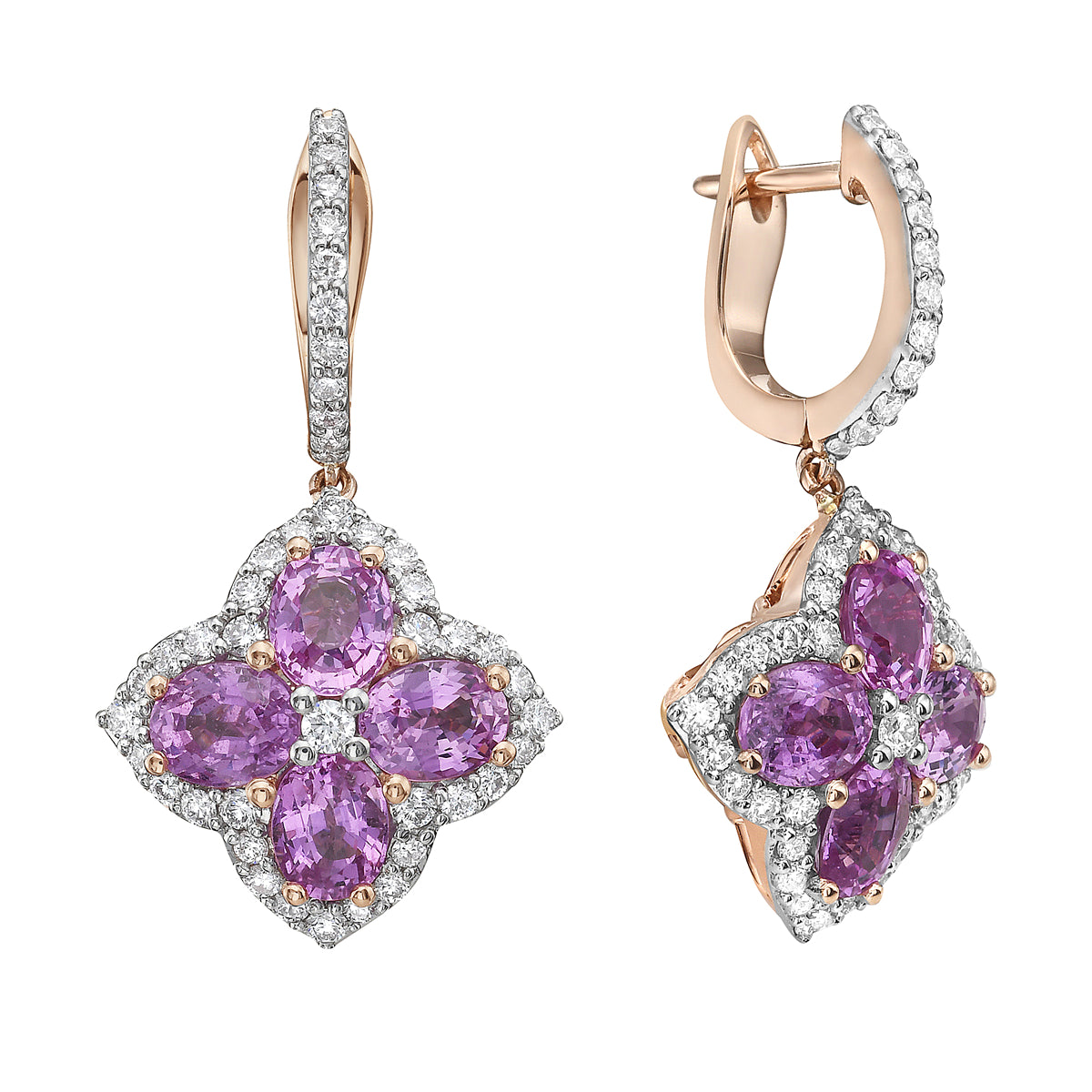 14K White Gold Diamond Clover and Pink Sapphire Earrings