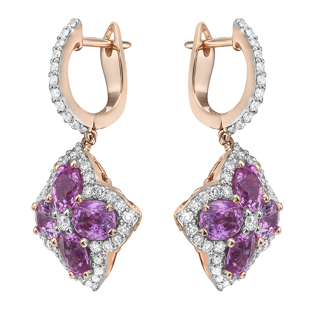 14K White Gold Diamond Clover and Pink Sapphire Earrings